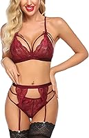 Pratiharye Garter Set Belt - Lingerie Set - Non Padded Non Wired Bikini Set with Garter Stocking - Plus Size - Sexy Lingerie for Women - Honeymoon Dress - Babydoll Nighty (X-Large, Maroon.)