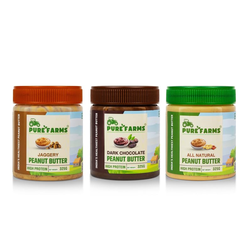 PURE FARMS 100% Pure All Natural (Only Peanut), Dark Chocolate & Jaggery Flavours, 325gm Combo of 3 Pack, Classic Snack, Guilt-Free Indulgence, Protein for Gym Enthusiasts | Monthly Stack