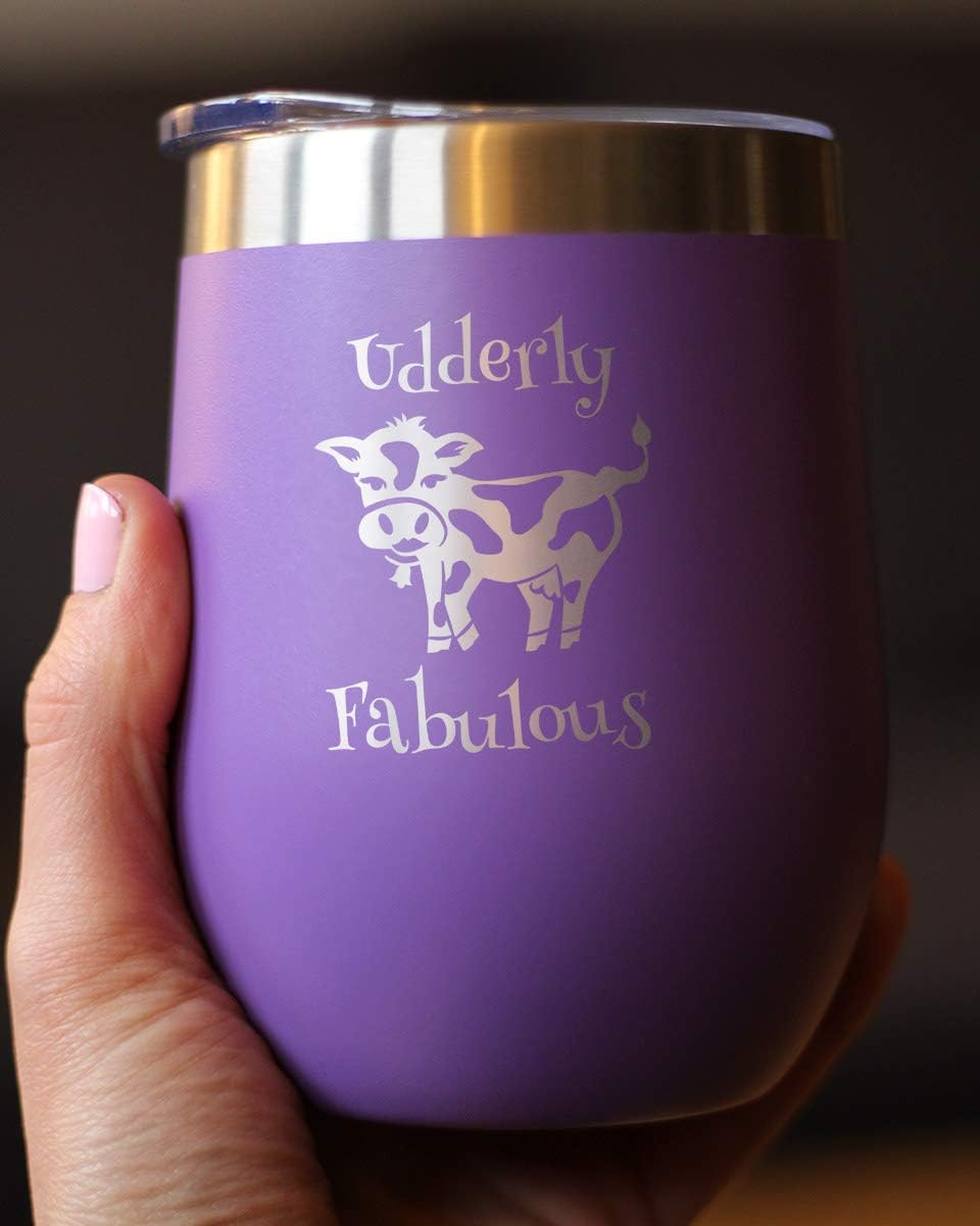 Bevvee Udderly Fabulous - Cow Wine Tumbler with Sliding Lid - Stemless Stainless Steel Insulated Cup - Funny Outdoor Camping Mug - Purple - Image 3