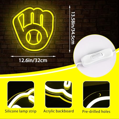 Image of Baseball Neon Sign for Wall Decor Milwa Team Neon Light for Man Cave Dimmable Milwaukee Led Sign for Bedroom Birthday Gifts for Baseball Fans 5V USB Powered Size13.5 * 12.6IN(ZYLD265)