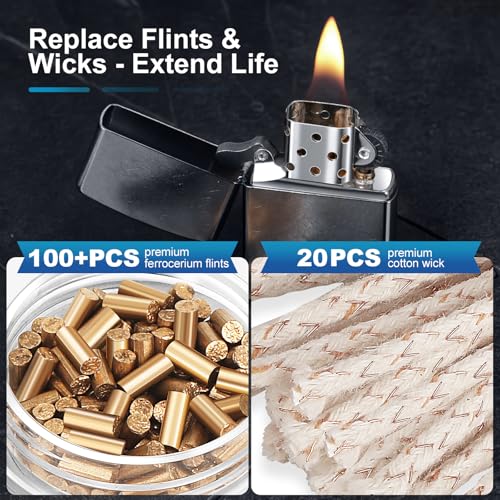 image for Lighter Flints 100+ Pcs and Cotton Wicks 20 Pcs, Premium Lighter Repai