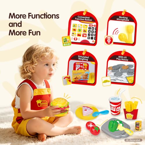 Image of FS Toy Cash Register for Kids with Scanner & Play Money, Working Calculator & Microphone, 79 PCS Supermarket Role Play Set, Educational Math Learning Toy for Boys & Girls Ages 3-8