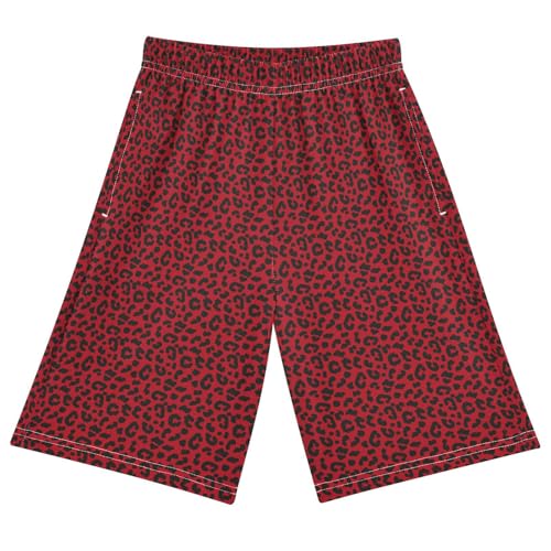 Red Leopard Cheetah Print Boys Athletic Shorts Kids with Pockets Shorts for boy Girl Size 6-8 Years