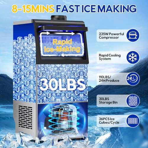 Image of Commercial Ice Maker Machine, 110Lbs /24H, 30Lbs Storage | 36Pcs Clear Ice Cubes in 10-15Mins, Stainless Steel, Under Counter Freestanding, 2 Water Inlet Modes, for Home Party Office