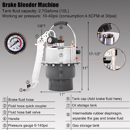 Image of YSTOOL Brake Bleeder Kit Pneumatic Pressure Clutch Fluid Bleeding Tool Set | 5L Air Power Pressurized Oil Change Bleeder Machine, 11 Packs Master Cylinder Adatpers, 1L Waste Oil Collection Bottle