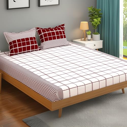 Image of bedsheet for Double Bed, 152TC, 100% Cotton | Double Size Bedsheet with 2 Pillow Covers, Maroon & White, Stripes (Bedsheet : 225 X 250cm & Pillow : 46 X 69cm) Perfect for Festive Gifting