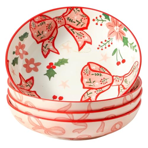 Tikooere Pasta bowls set of 4, 42oz Ceramic Bowl Plates, Pink Salad Bowls for Serving, Dinner, Soup, Stoneware Wide Bowls for Daily Dining, Family Gatherings, Party, Microwave Dishwasher Safe