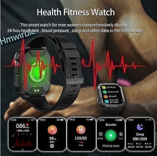 Smartwatch displaying various health metrics like heart rate, blood pressure, SpO2, and sleep
