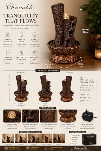 Image of Indoor Water Fountain for Home Decor with Crystal Ball & Yellow LED Light | Cascading Tabletop Waterfall Fountain with Water Controller Pump | Brown & Copper Polyresin Decorative Fountain 16.5 x 10 In