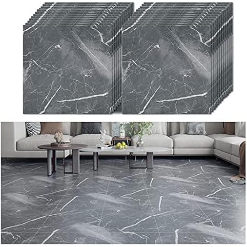 VEELIKE PVC Bodenbelag Selbstklebend Küchenfliesen Grau Marmor Vinyl Fliesen Fliesenaufkleber Boden Badezimmer Vinylboden Küche Wasserfest Klebefolie Fliesenoptik Fußbodenbelag 30cm×30cm 24 Stück Cover