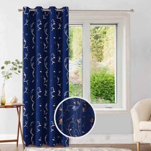 Image of Urban Space 80-85% True Blackout Curtains for Window, Gold Foil Printed Blackout Curtains, Decorative Window Curtain Eyelet with Tieback, 1 Piece Curtain for Living Room(Floral Vine N Blue, 5 Feet)