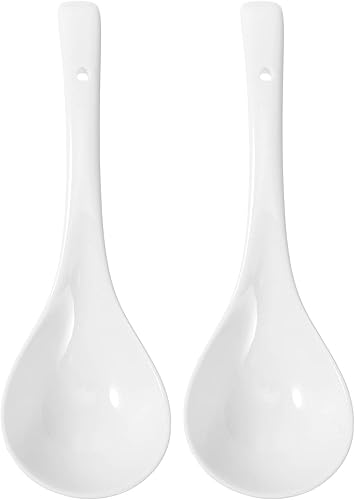 2 cucharones de sopa de cerámica grandes, cucharas de servir de porcelana profunda para uso en cocina, 10.43 pulgadas, color blanco