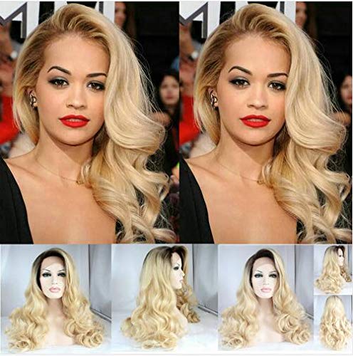 Sylvia Natural Long Wave Wig Blonde Hair Curly Black Hair Root Long Water Wave Synthetic Lace Front Wigs Side Parting Natural Looking Heat Resistant Fiber Hair for Woman