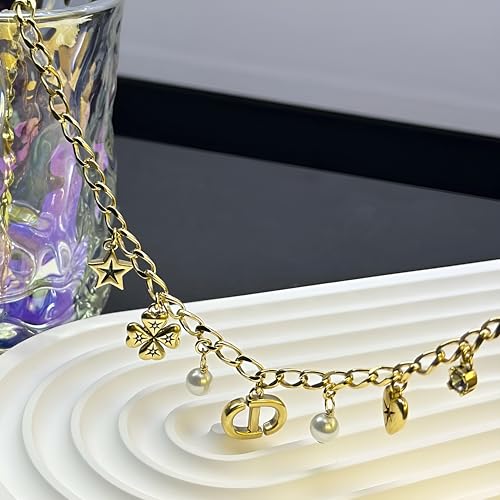 18k Gold Pearl Letter Lucky Charm Pendant Necklace for Women, Adjustable Chain with Heart, Star, Clover Charms, Fashion Jewelry Gift for Women2