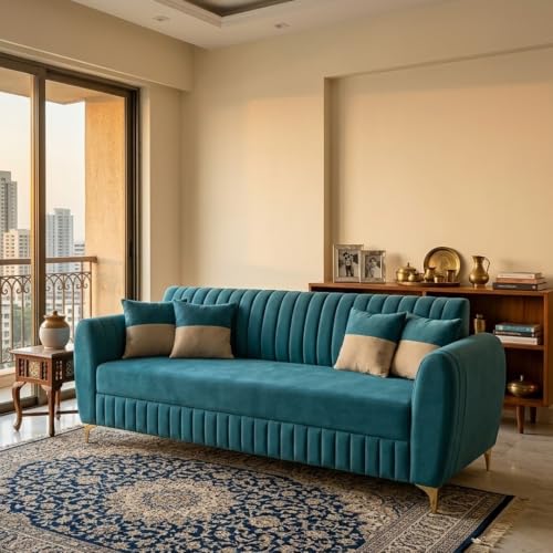 Image of CASASTYLE Signature Velour 3 Seater Sofa Set | Boston Matte Fabric | 40D Foam + Zigzag Spring | 3-Yr Warranty (Ocean Blue)