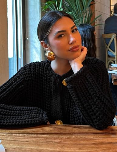 Image of Arssm Womens Cropped Cardigan Sweaters Chunky Open Front Button Down Knit Sweater Long Sleeve Loose Cardigan Outerwear(Black-M)