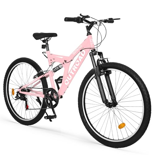 Max4out 26 inch Mountain Bike, Outdoor Hybrid Bikes,7-Speed/High-Carbon Steel/Dual Full Suspension, for Men Women Adult, MTB Bicycle with Suspension Fork,Sleek Colors(Pink)