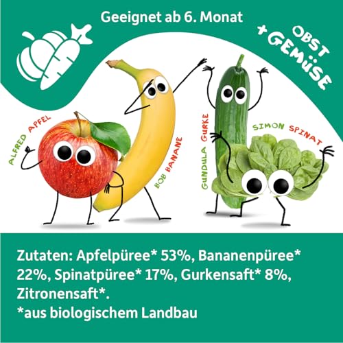 Freche Freunde Bio Quetschie, Apfel, Banane, Spinat & Gurke, ab 6 Monaten (6 x 100 g)