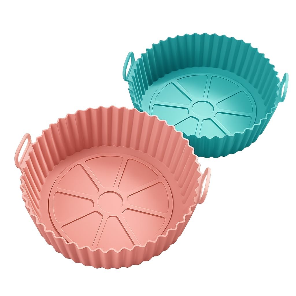 SNMMIFER Air Fryer Silicone Tray – Reusable Nonstick Basket Liner, Heat-Resistant Baking Pot with Easy-Grip Handles, Dishwasher Safe, Multicolor(8-Inch, Pack of 2)