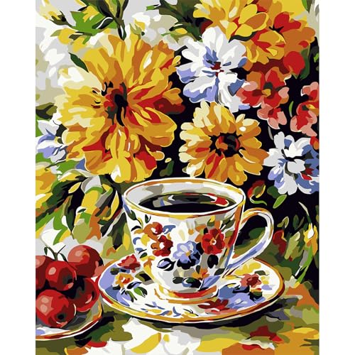 MAXBYE Pintar por Numeros Adulto, Café y Flores Kit de Pintura por Números para Principianti al óleo de Lienzo DIY, Paint by Number Kits Pigmento Acrílico, Regalo Decoración Hogar 40x50cm