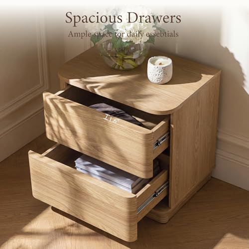 Image of Yechen Nightstand with 2 Push to Open Drawers Storage | 22'' Rounded Eges Bedside Table with Hidden Drawer, Modern Wooden End Tables for Bedroom, Curved Profile, Natural Oak