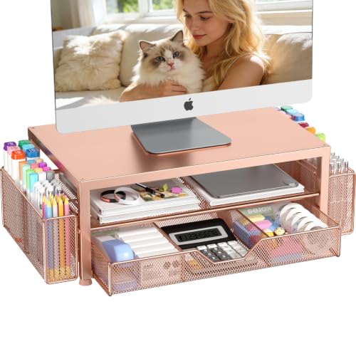 Image of OPNICE Desk Organizers and Accessories, Computer Monitor Stand Riser with Drawer and 2 Pen Holders, Printer & Laptop Stand, Office Desk Accessories & Workspace Organizers for Home Office Supplies, Rose Gold