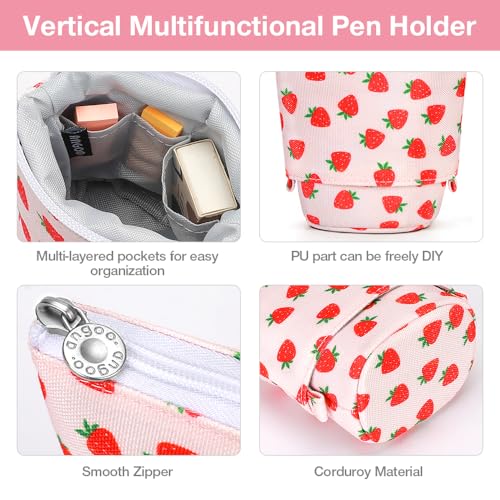 Image of Cute Standing Pencil Case Pen Holder for Kids, Pop Up Stand UP Bubble Tea Pen Organizer Kawaii Stationary for Christmas Holiday New Year Office (Strawberry)