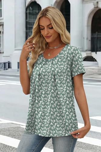 Image of WIHOLL Women T Shirts Pleated Short Sleeve Tops Business Casual Dressy Blouses