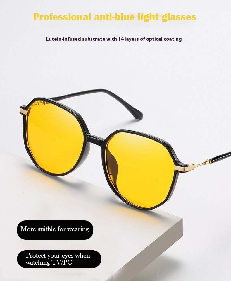 Image of Blue Light Blocking Gaming & Night Driving Glasses - Retro Black Polygonal Frame, Anti-Fatigue Yellow Lenses with Metal Accents for Computer Work & Fashion