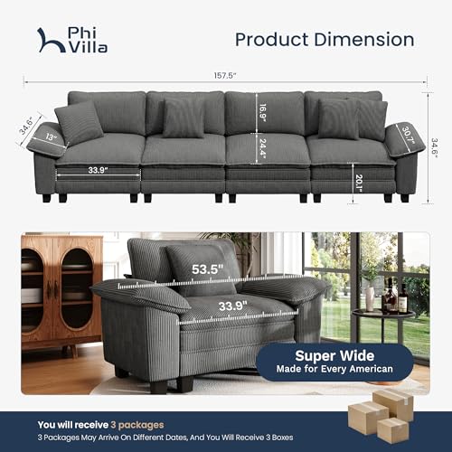 Image of PHI VILLA Cloud Modular Couches Sets, 157.5 inch Sectional Sofa with Upholstered Deep Seat, 4-Seater Long Couches for Living Room Apartment, Corduroy Fabric, Grey