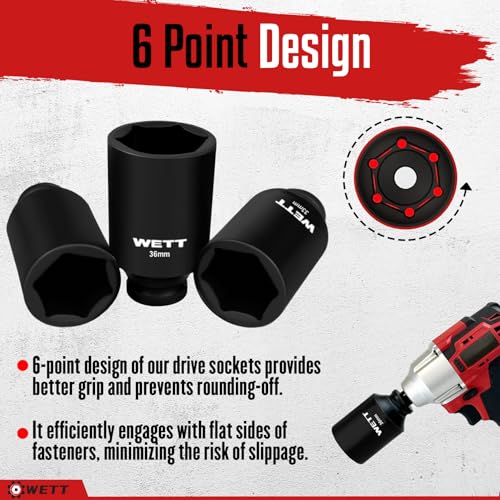 Image of WETT 1 /2 inch Drive Deep Large Impact Socket Set, 11-Piece Spindle Axle Nut Wheel Wrench Sockets Set, Jumbo Metric 6 Point Sockets with 3 /4 to 1 /2 Adapter, CR-V, (27mm-38mm)