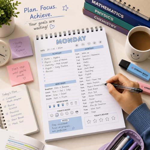 Image of Daily Planner Notepad Undated A5 Spiral | 7 Pastel Colours Hourly To-Do Meal Mood Tracker | 100 GSM Aesthetic Diary for Girls Women Students