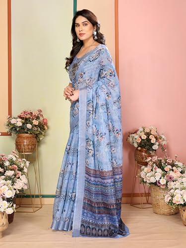 Image of Sidhidata Women's Cotton Linen Blend Lining Digital Printed Saree With Unstitched Blouse Piece (Linen Lining Saree)