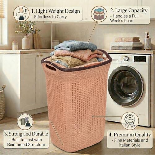Image of Plastic Laundry Basket with Lid | 60L Extra Large Knit Hamper | Strong & Durable | Ideal for Bathroom, Bedroom & Kids Room | Multipurpose Cloth Storage Organiser | 36 x 46 x 61 cm | Light Peach