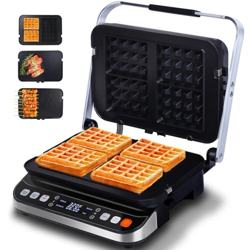 Taylor Swoden Panini Press Waffle Maker, 1600W Electric Indoor Grill with Non-Stick Double Sided Plates, LED Touch Screen, Independent Temperature Control, Opens 180 Degrees, Stainless Steel