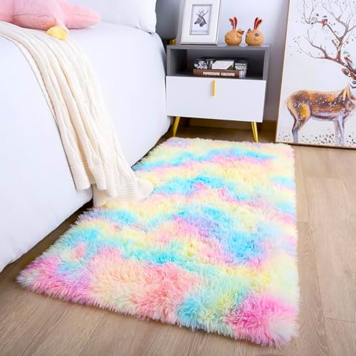 Oxford Homeware Rugs Living Room 60x110 cm Rainbow Area Rugs for Bedroom Small Fluffy Shaggy Super Soft Non Slip Rug Washable Modern Floor Carpets Bedside Rug for Kids Room
