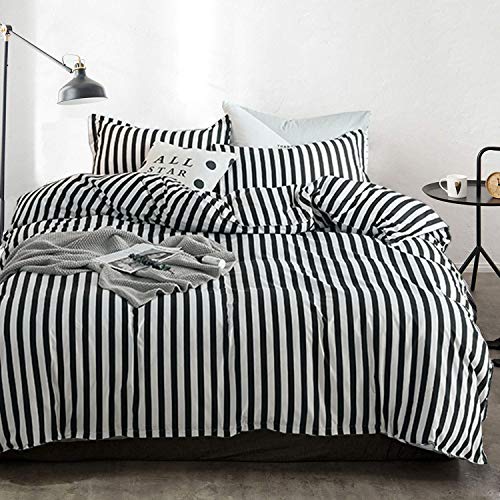 Cottonight Striped Comforter Set Queen White and Black Striped Comforter Full Vertical Modern Cotton Soft Breathable Bedding Comforter Set for Women Men Adults Kids