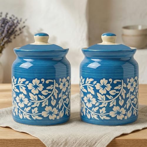 Image of Ceramic Handmade Pickle Jars in 1000ml (set of 2) | Handpainted Floral Bale 1 kg Achaar Martban | Ceramic Jadi for Kitchen Storage (Set of 2) | Jars for Achar, Spices, Salt (Floral SkyBlue Bale)