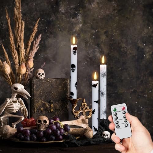 Image of GenSwin Flameless Taper Candles with Remote Timer, 6Pcs LED Flickering Taper Candles Battery Operated Real Wax with Spider Webs /Skull /Bats Decals for Halloween Spooky Decoration (White, 0.78 inchx9.65 inch)