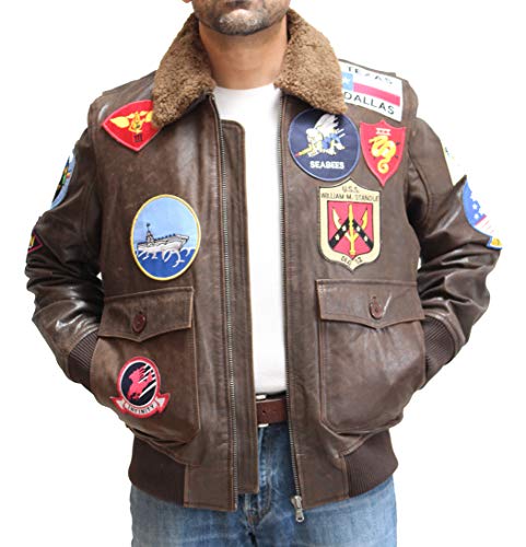 Mens Brown Leather Badges Top Gun Style Maverick Bomber Jacket with Sheepskin Collar.4