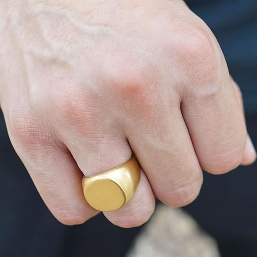 Miniatura 5 de Mens 10mm Gold Stainless Steel Signet Ring in Matte Brushed Finish - Minimalist Ring for Men with Engravable Oval Top (9)