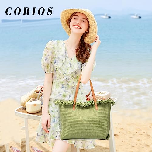 Image of CORIOS Tote Bag for Women Cute Canvas Shoulder Bag Summer Vibe Beach Bag Casual Handbag Bohemian Hobo Bag with Tassels