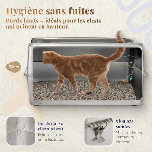 Litière chat anti-odeur grand bac inox pour stopper les projections
