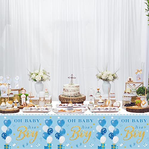 Image of Tevxj 3 Pack Baby Shower Tablecloths Plastic Blue Baby Boy Shower Decorations Gender Reveal Party It's A Boy Table Covers for Baby Boy Birthday Shower Party Supplies, 54 x 108 Inch