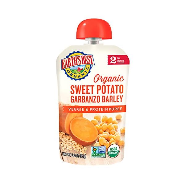 Earths-Best-Organic-Stage-2-Baby-Food-Sweet-Potato-Garbanzo-Barley-35-Oz-Pouch-Pack-of-12 Earth's Best Organic Baby Food Pouches, Stage 2 Protein and Veggie Puree for Babies 6 Months and Older, Organic Sweet Potato Garbanzo Barley, 3.5 oz Resealable Pouch (Pack of 12)