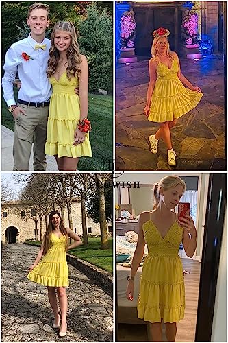 Image of ECOWISH Summer Dresses for Women 2026 V-Neck Spaghetti Strap Bowknot Backless Sleeveless Lace Mini Swing Skater Dress