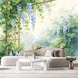 Carta da parati rimovibile in tessuto con glicine e fiori blu, decorazione da parete rimovibile per soggiorno, camera da letto, bagno
