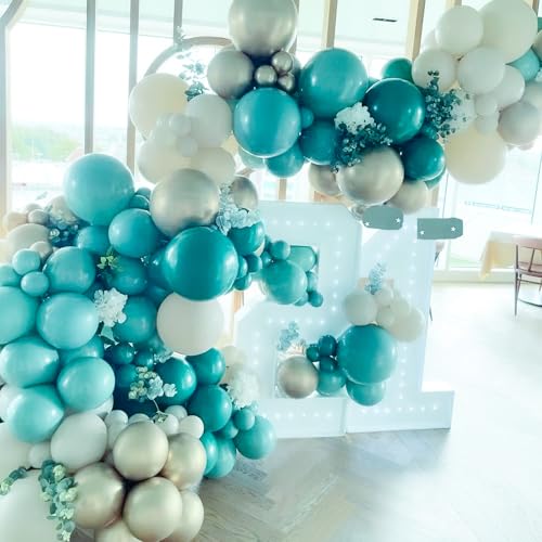 Image of PartyWoo Dark Teal Balloons 140pcs Different Sizes Pack of 18 12 10 5 Inch Turquoise Aqua Blue Teal Balloons for Wedding Baby Shower Gender Reveal Engagement Birthday Pool Party Decorations Blue-Y17