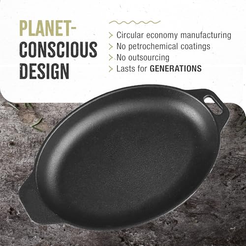 Image of Victoria 11.5-Inch Oval Cast Iron Sizzle Pan, Preseasoned Grill and Baking Pan for Fajitas and Steaks, Made in Colombia