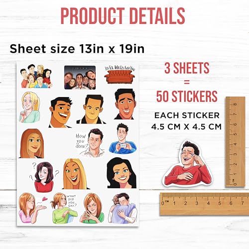 Image of FlyBuyHub Friends Web Series Aesthetic Vinyl Journal Stickers for Phone Case, Laptop, Notebook, Water Bottle, etc - Self-Adhesive Set of 50 Glossy and Waterproof Stickers
